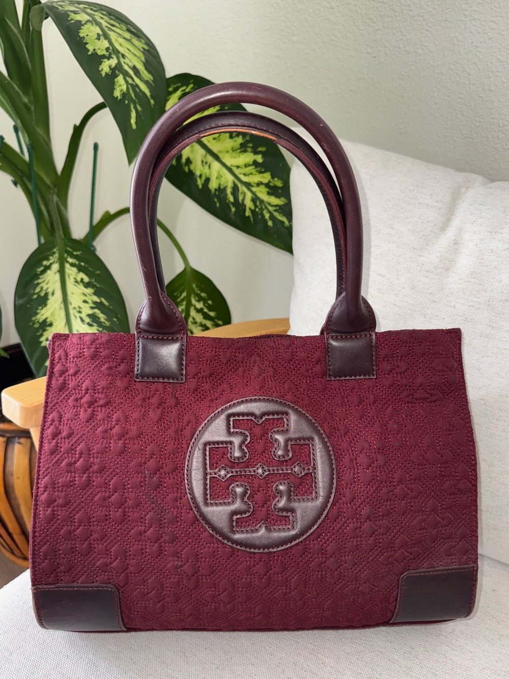 Tory Burch Burgundy Wine Quilted Nylon And Leather Ella Damask Tote Handbag
